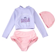 Купальник для девочки от 2 до 10 лет, детский купальный костюм из двух предметов с длинными рукавами и капюшоном с буквенным принтом для девочек, купальный костюм для младенцев, одежда для купания
