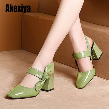 

fashion Square Toe Thick high heel sandals Bow Baotou female sandals Gray light green sandals zapatos de mujer Large size f551