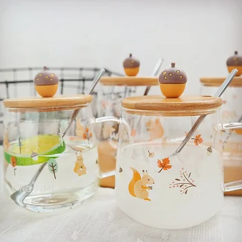 

Cartoons Glass Cup with Spoon Lid Cute Nordic Coffee Mug High Capacity Creative Juice Glass Cups Heat Resistant Water Cup DA60BL