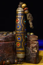 

Home Decor 5" Tibet Buddhism Old Natural agate mosaic Gem Filigree Three eyes Dzi Bead Pendant gem Exorcism