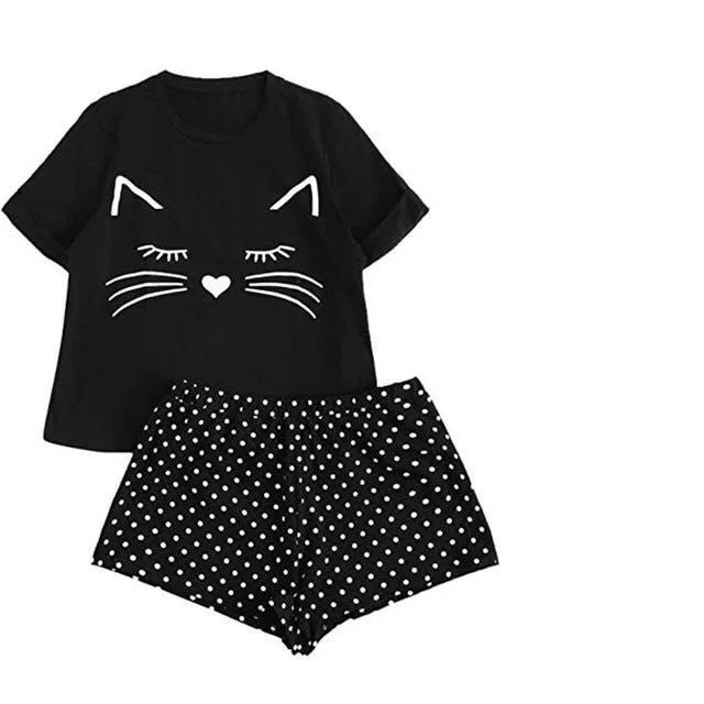 2020 Woman Kawaii Pajamas Summer Pijama Mujer Pajamas Cute Cat Printe Lounge Wear Sleepwear Set Suit for Home