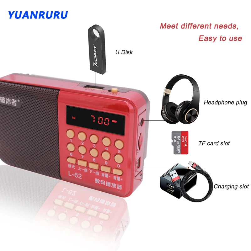 Портативное радио ручной перезаряжаемый динамик стерео цифровой FM USB TF mp3-плеер в