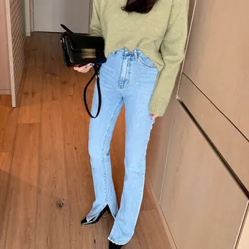 

Vintage Flare Jeans Blue High Waist Button Split Floor-length Women Denim Jeans Fashion Female Denim Pant 2020 Spring