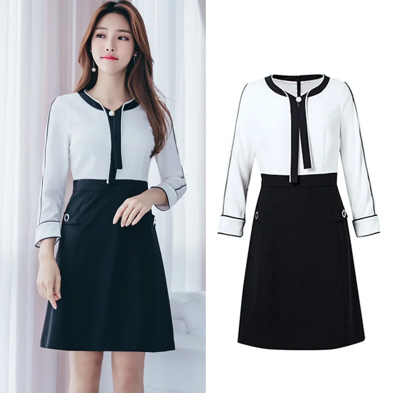 

2018 Spring Clothing New Style Korean-style Top Grade WOMEN'S Dress Elegant Medium-length Dress Slimming Joint Contrast Color Bu