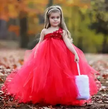 

Elegant Flowers Red Princess Girls Wedding Dress Long Tulle Tutu Dress Formal Birthday Party Dresses