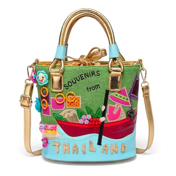 

2019 Woman Bag Literature Canvas Bucket Bolsa Feminina Green Leisure Time Thailand Portable Diagonal Small Bag