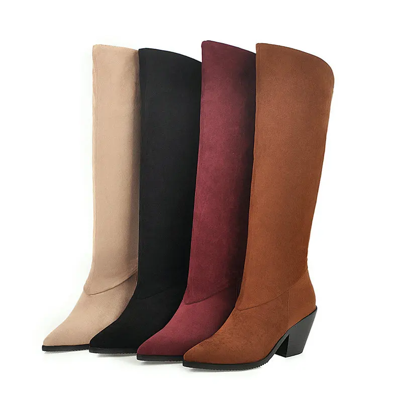 

2021 Faux Suede Women Knee High Boots Pointed Toe Slip on Women Square High Heel Boots Short Plush Ladies Western Boots Big Size