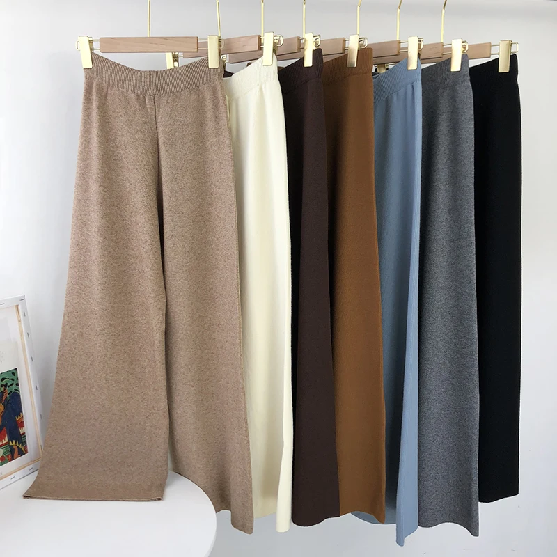 Aachoae 2020 Lady Solid Knit Pants Loose Wide Leg Long Length Pants Female Drawstring Casual Office Home Wear Trousers Pantalon
