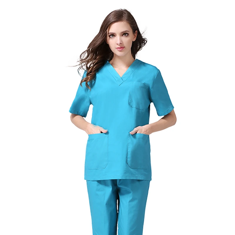 Новинка, Женская спецодежда, медицинская униформа, одежда для кормления, хирургическая рабочая одежда с коротким рукавом, v-образный вырез, хлопок, набор хирургической одежды - Цвет: Sky blue