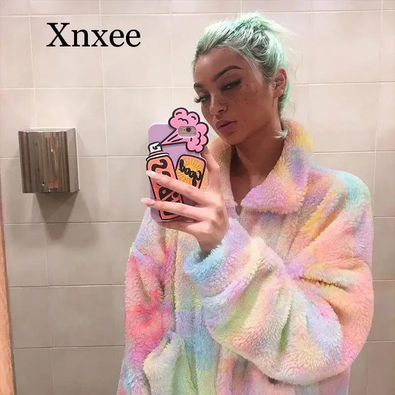 

Winter Rainbow Tie Dye Teddy Coats and Jackets Women Streetwear Faux Fur Polar Fleece Plush Oversized Hoodie tendy coat multi