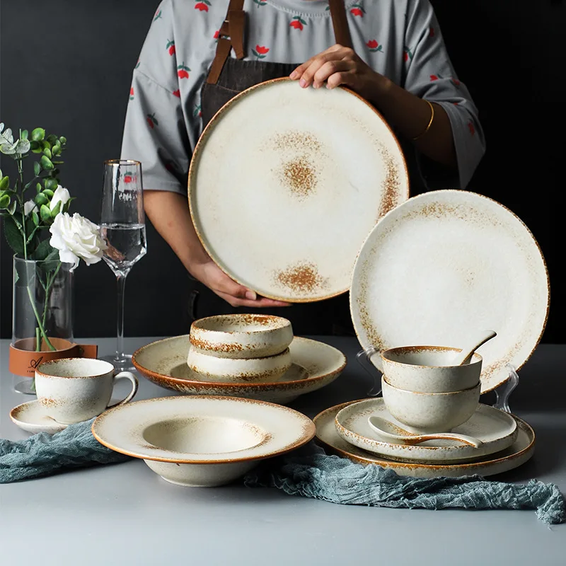 Dishes Light Luxury Retro Ceramic Tableware Set Home Creative Glaze Western Plates For Food Dinner Plates Rice Bowl Coffee Cup