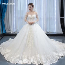 J67022 jancember простое свадебное платье о-образный вырез длинный рукав аппликация вуали кружево узор свадебное платье vestido de noiva