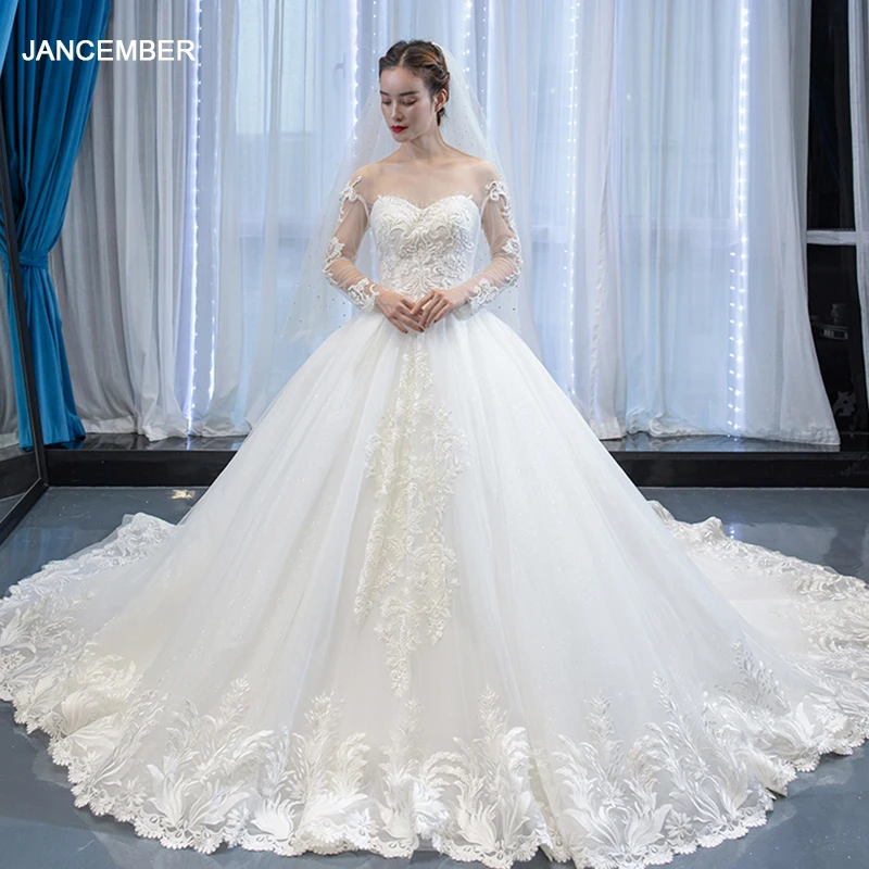 Кружевное свадебное платье J67022 2020 с круглым вырезом длинными рукавами