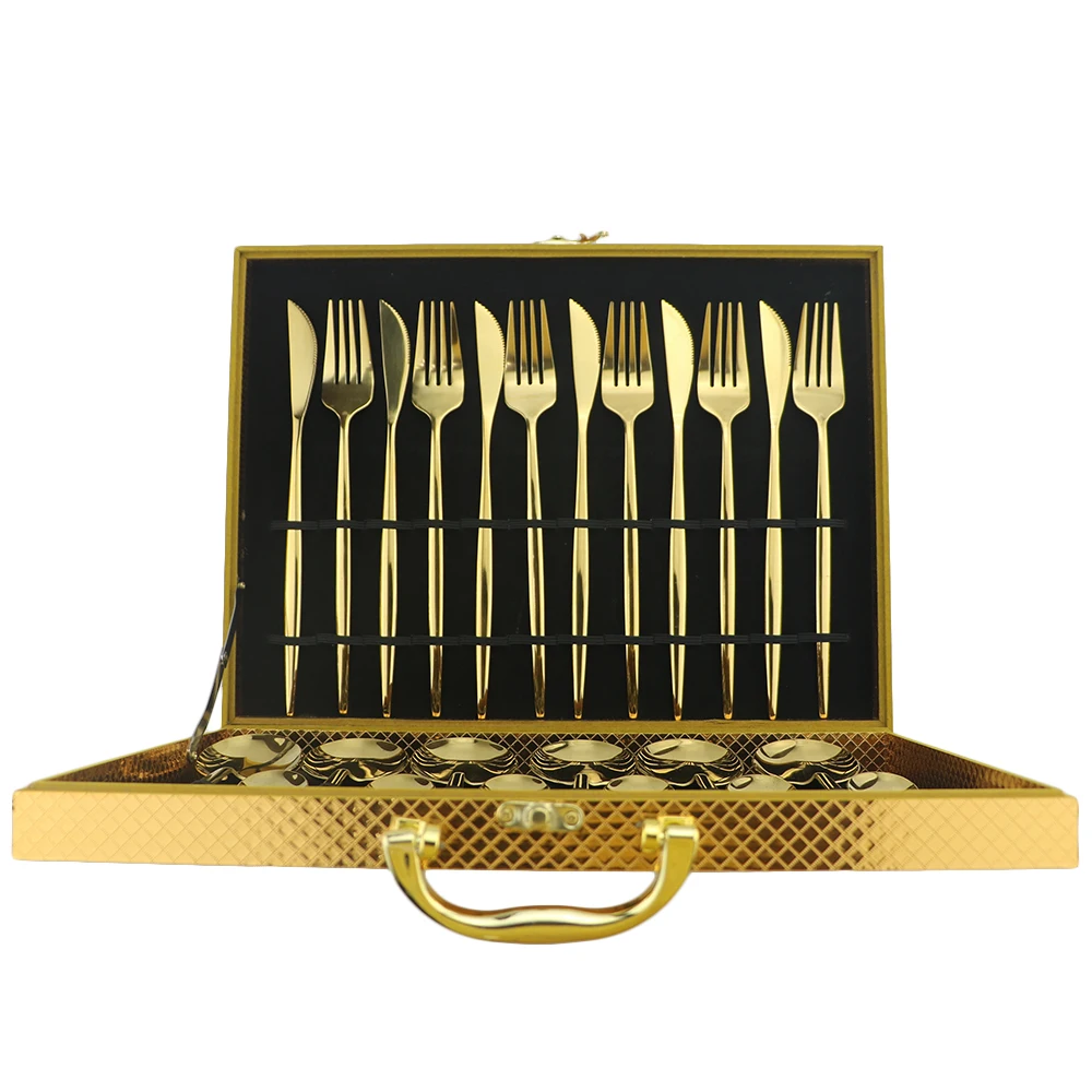 24Pcs-Luxury-Golden-Dinnerware-Set-304-Stainless-Steel-Cutlery-Set-Steak-Knife-Fork-Gold-Silverware-With.jpg 24Db Luxus Arany Étkészlet 304 Rozsdamentes Acél Evőeszközök Steak Kés Villák Ezüst Edény Fa Ajándékdoboz - Image 2