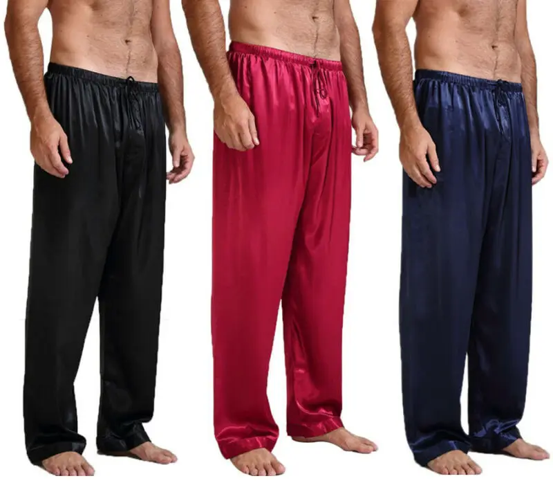 Mens Loose Sleep Bottoms Nightwear Sleepwear Bath Pajamas Satin Silk Long Lounge Pants Pyjamas NEW