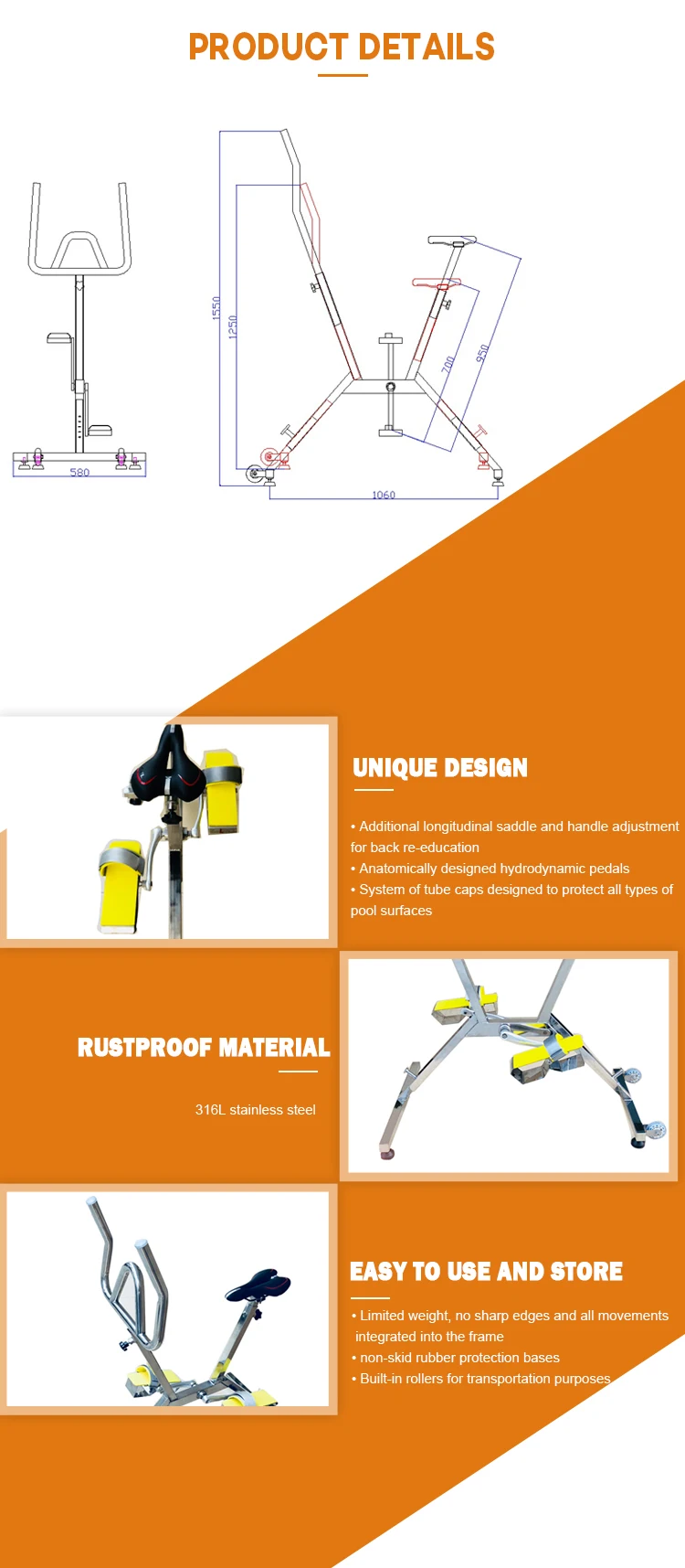 Swimming Pool Underwater Bike Water Pedal Bike Stainless Steel Aquabike