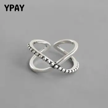 

YPAY 100% Pure 925 Sterling Silver Open Rings for Women Korea Do the Old Vintage X Cross Finger Ring Fine Jewelry Gifts YMR1018