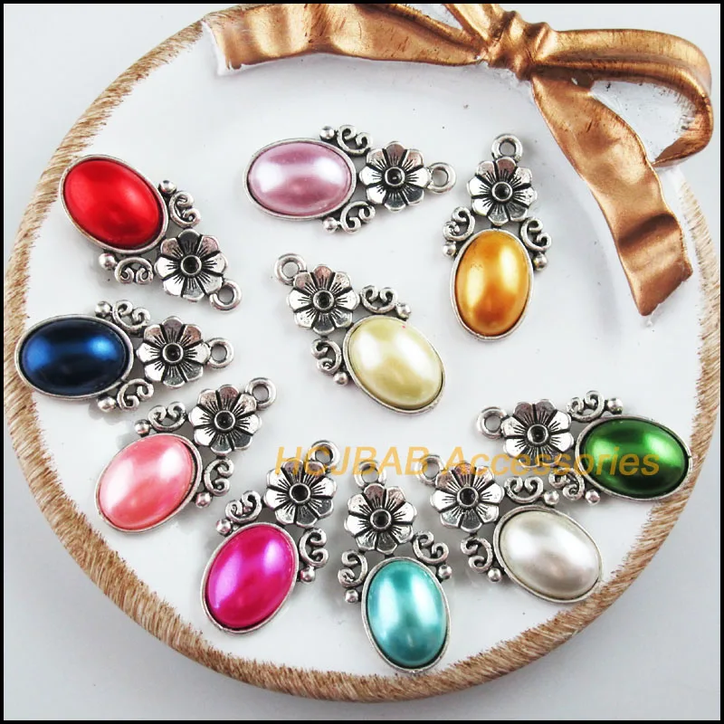 

10 New Flower Charms Tibetan Silver Tone Retro Oval Mixed Acrylic Pendants 15x29mm