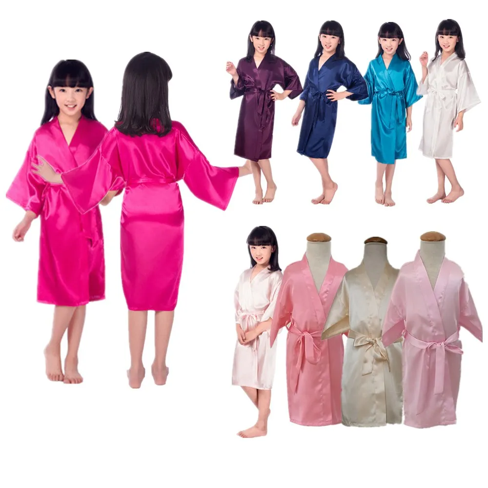 Children Silk Satin Robes Kimono Wedding Birthday Party Spa Dressing Gown Kimono Bathrobes Bridal Sleepwear