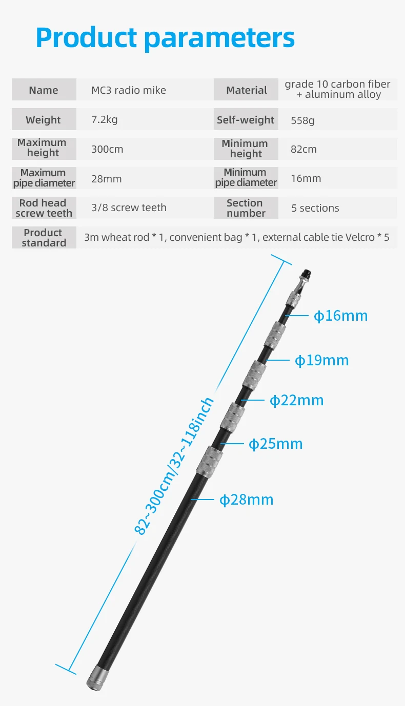 Selens Handheld Microphone Boom Arm Carbon Fiber Pole Arm Extendable 5 Section F