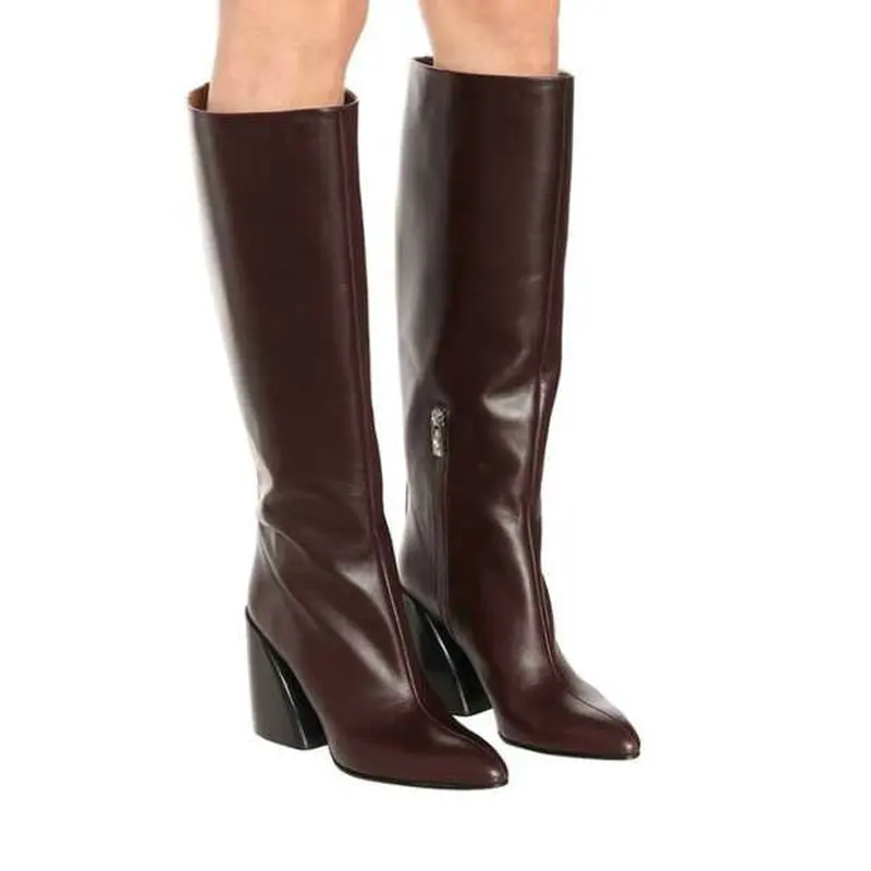 

Western Boots Women Knee High Cowboy Boots Fashion Pointed Toe Sewing Shoes Female High Heels Thick Shoes Ladies Autumn