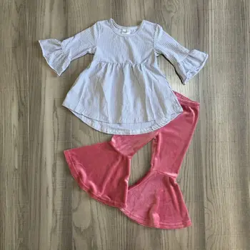 

girlymax baby Girl clothes girl stripe top with solid pink corduroy bell bottom pants girl fall winter set