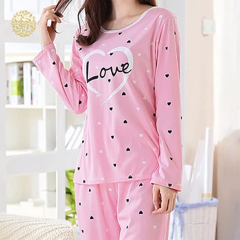 

Women's heart pattern alphabet pajamas set autumn and winter sleeves thin cartoon print cute loose pajamas DWH5