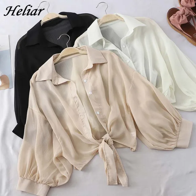 US $10.89 HELIAR Lantern Sleeve Chiffon Shirts Women 2020 Summer Buttoned Up Shirt Long Sleeve Blouse Tied Wa