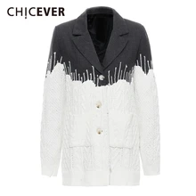 CHICEVER Джемперы для женщин воротник с лацканами длинный рукав свободный большой размер модного цвета, в стиле пэчворк одежда Женская мода Новая осень