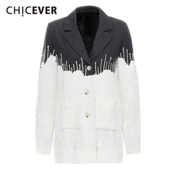 

CHICEVER Jumper Coats For Women Lapel Collar Long Sleeve Loose Big Size Hit Color Patchwork Clothing Female Fashion New Autumn