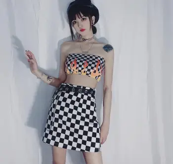 

Summer new retro black white plaid a-line slim skirt women