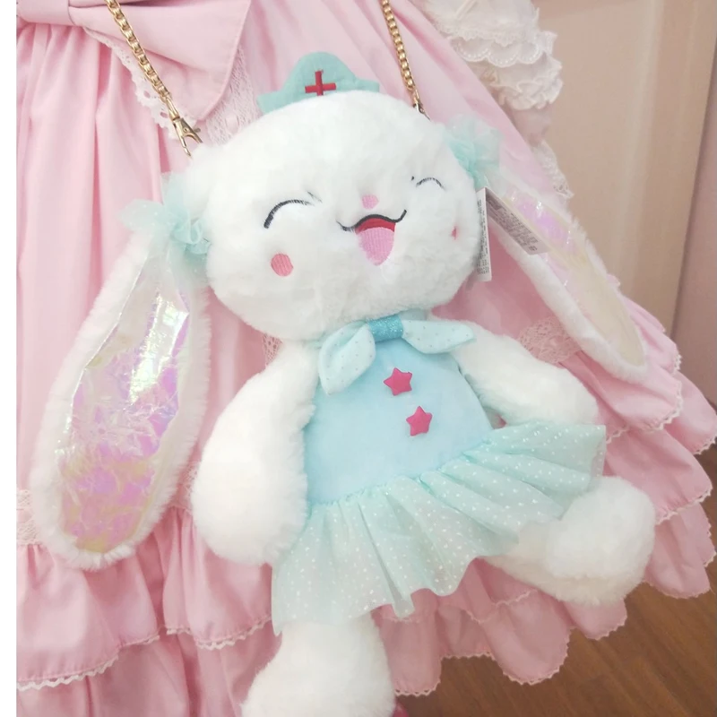 

girl's Kawai Girl Bunny Rabbit Bag Lolita Silk Lace Soft Plush Toy Doll Single Shoulder Portable Metal Chain Bag Christmas gifts