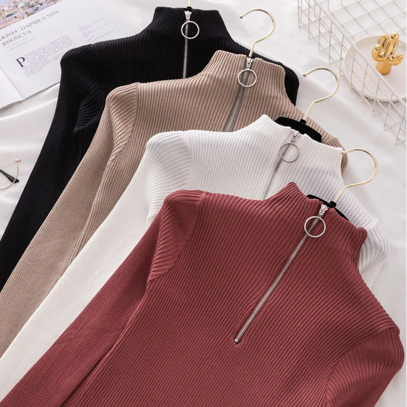 

Zipper Half Turtleneck Women Sweaters Solid Slim Autumn Winter Clothes 2020 Sueter Mujer Basic Fashion Mulheres Pullover