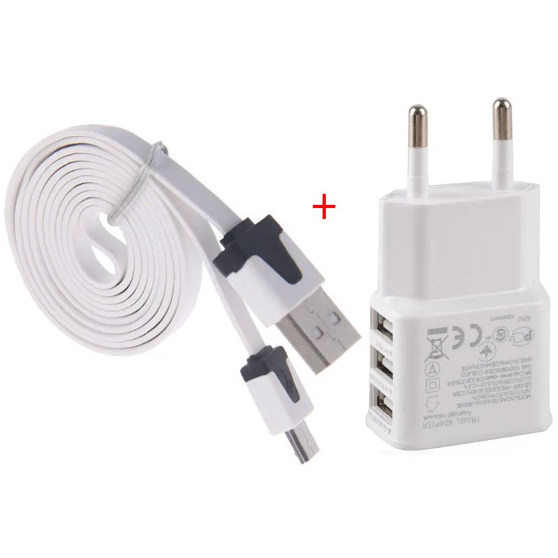 Адаптер с европейской вилкой 3 порта 5 В 2 А + Кабель micro usb для зарядки и передачи