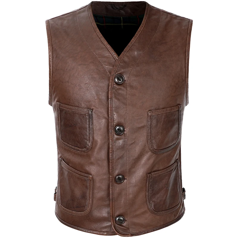 Men's Genuine Leather Vest Vintage Brown Slim Fit Waistcoat 100