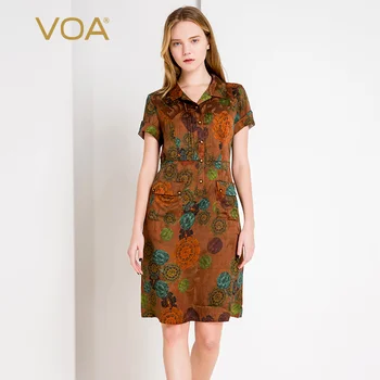 

VOA Brown Bottom Disc Pattern Button Open Neck Short Sleeve High Waist Fold Straight Bag Elastic Silk Fit Body Middle SkirtAJ830