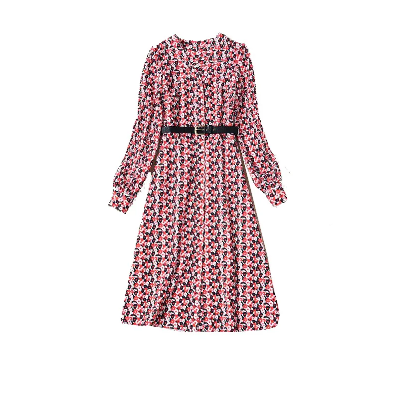 

HUAYIMENGYI Celebrity Spring Autumn Vintage V Neck Long Sleev Printed Floral Dresses Mid Length Women Casual Dress With Belt
