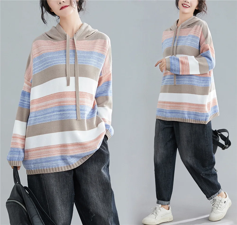 

Photo Shoot 2019 Autumn And Winter Literature And Art Large Size Pullover Sweater Stripes Coat Sweater