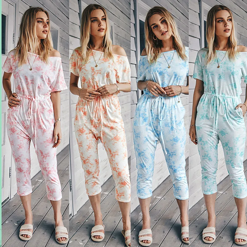 

Women's Overalls Summer Knitted Casual Pants Temperament Commuter Trend Sexy One-word Neck Tie-dye Printing Plus Size Overalls