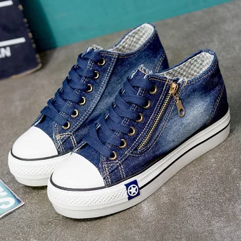 

Women Canvas Shoes Lace Up Wear-resistant Platform Sneakers For Women Rubber Casual Woman Sneakers Solid Zippers