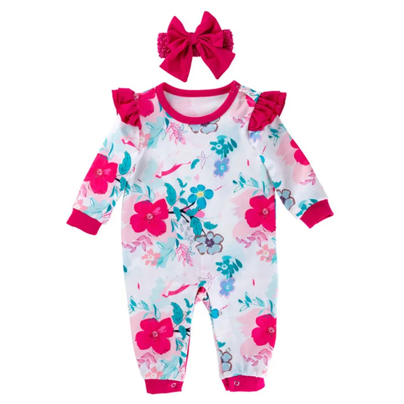 Новая весенняя детская одежда комбинезон с рукавами-крылышками для маленьких девочек, головной убор, комплект из 2 предметов, ярко-розовая одежда с цветочным принтом для новорожденных подарок на день рождения