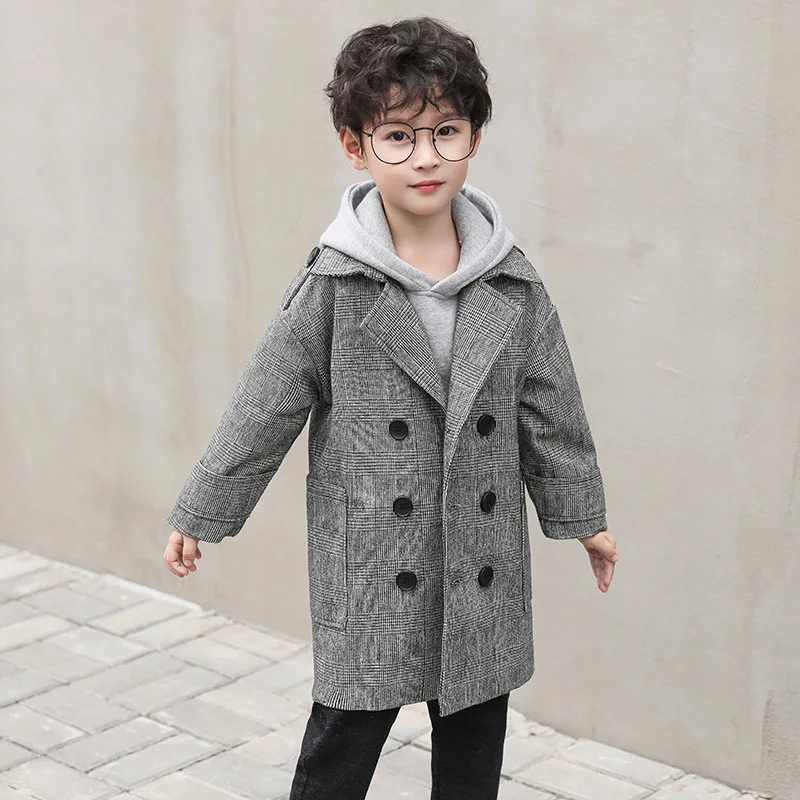 Thicken Autumn Winter Boys Plaid Woolen Blends Coat Children's Long Wool Double-breasted Jacket Windbreaker Kids Winter Overcoat - Цвет: Серый