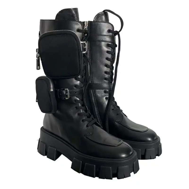 

LIAOCHI 2019 Latest Style New Arrival Pocket Motorcycle Boots Handsome Lace Up Thick-soled Black Military Shoes Half Boots