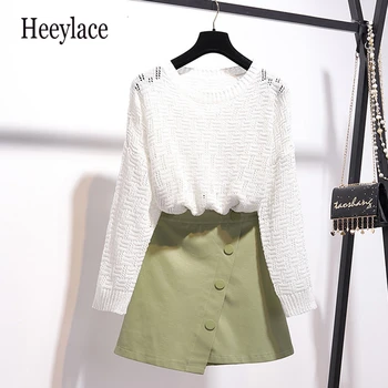 

2019 Autumn Winter Two Piece Set Casual O-Neck Hollow Out Sweater Top + Skirt Zipper Button Mini Office Lady 2 Piece Set