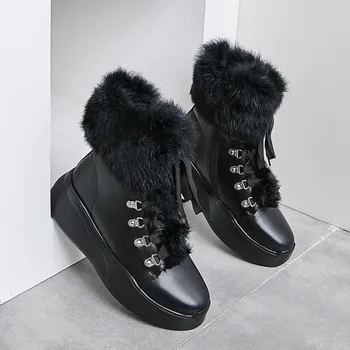 

MLJUESE 2020 women ankle boots cow leather winter plush lace up round toe female snow boots riding boots party dress