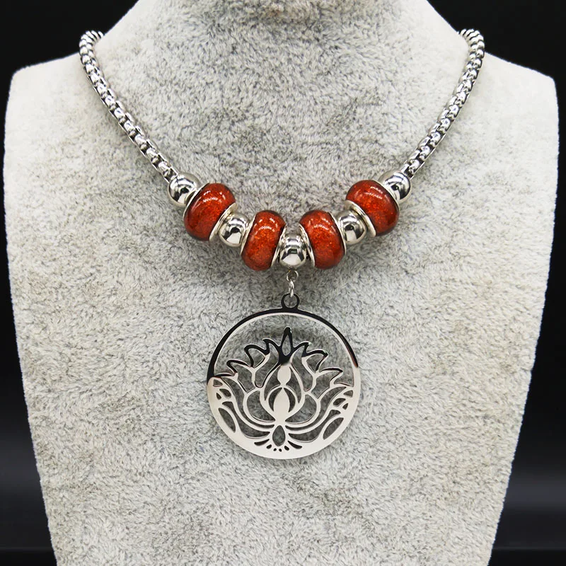 Модное ожерелье из нержавеющей стали с цветком лотоса для женщин, бисер серебряного цвета, ожерелье без ожерелья N19599
