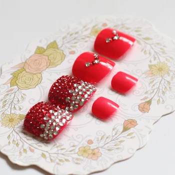 

24pcs Fashion Luxury Crystal Diamond Toenail Candy Color Fake Nails Sexy red