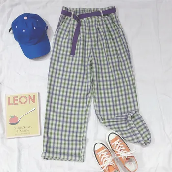 

Send Belt Summer New Women Thin High waist Casual Pants Girls Student Loose Straight Pants Vintag Harajuku Plaid Pants Korean