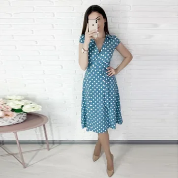 

Women Dresses Summer 2020 Sexy Dress Casual Polka Dot Print a-Line Party Long Dress Short Sleeve Sashes Fashion Vintage