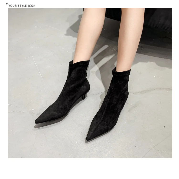 Kitten Heels booties pointed toe fashion women boots winter suede leather chelsea mid-calf martin botas stretch slip on botines